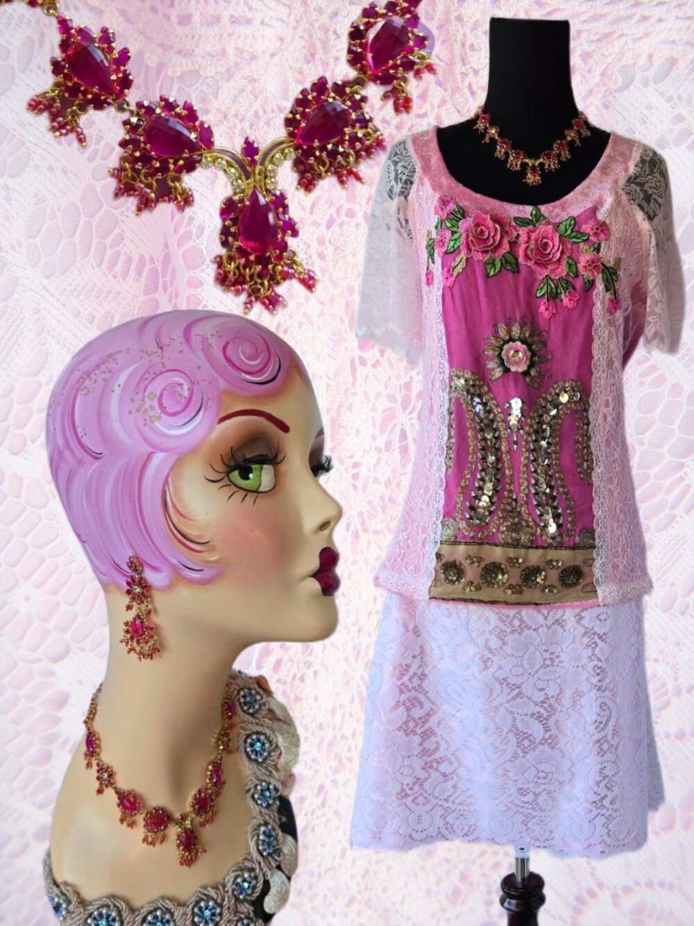 Romantic  Raspberry Pink Filigree Jewel Fairycore Style Necklace & Earring Set